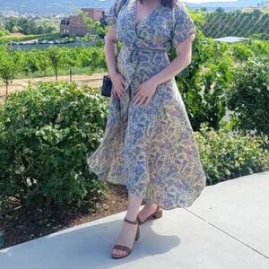 Karma Highway Wrap Maxi Dress OS ( S/M) Paisley Floral Boho Tie Waist Purple Gol